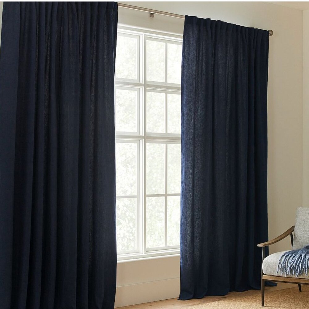 Practically Brand New Solid European Flax Linen Curtain, Midnight , 4 panels